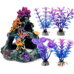 Aquarium Decor Accessories, Coral Mountain x 1, Aquatic Plant x 4