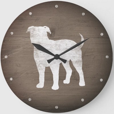 American Bulldog Silhouette Faux Rustic Wood Large Clock