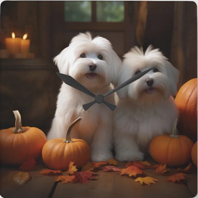 Coton De Tulear Puppy Autumn Delight Pumpkin Square Wall Clock
