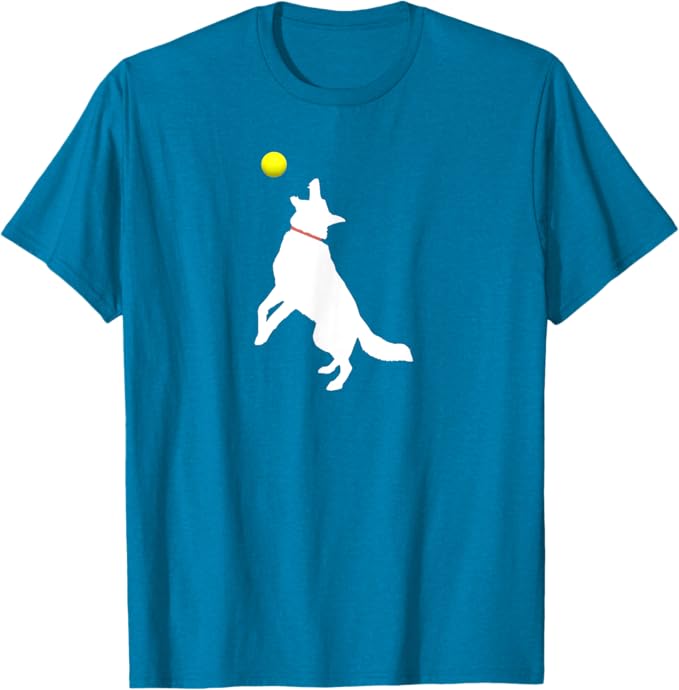 White German Shepherd Dog GSD Catching Yellow Tennis Ball T-Shirt - Sapphire Blue